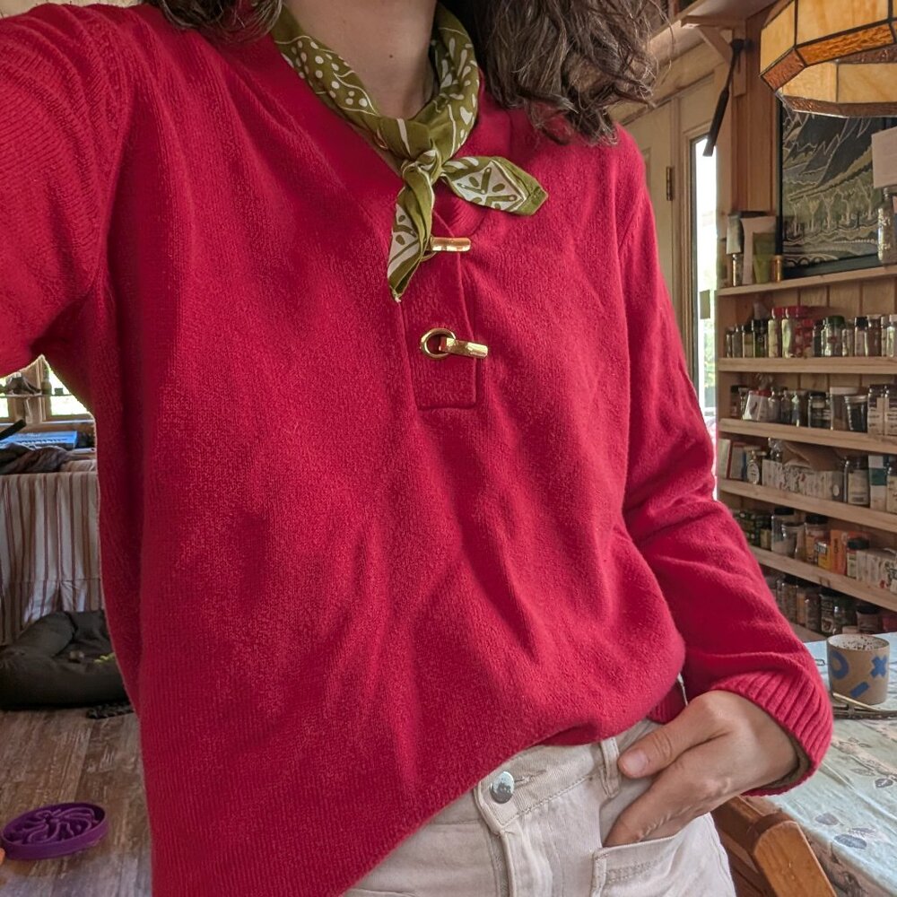 Red and Gold Fastener Cotton Long Sleeve V Sweater Women's Charter Club Medium